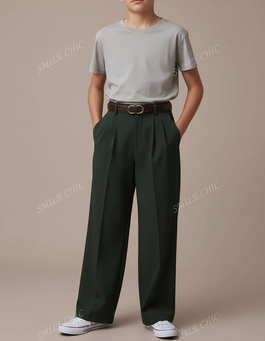 Pantalon Fluide Vert Ample Plissé Confortable Décontracté - Polyester