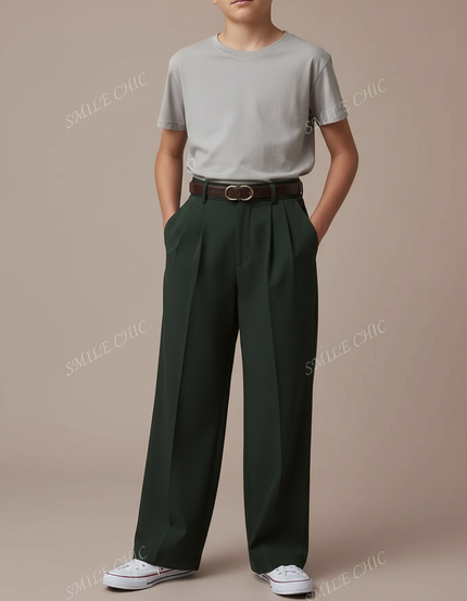 Pantalon Fluide Vert Ample Plissé Confortable Décontracté - Polyester