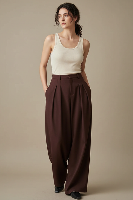 Pantalon Fluide Marron Plissé Ample Élégant Femme - Polyester