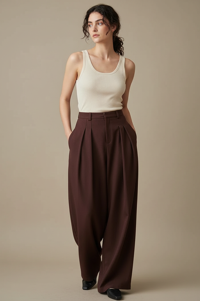 Pantalon Fluide Marron Plissé Ample Élégant Femme - Polyester