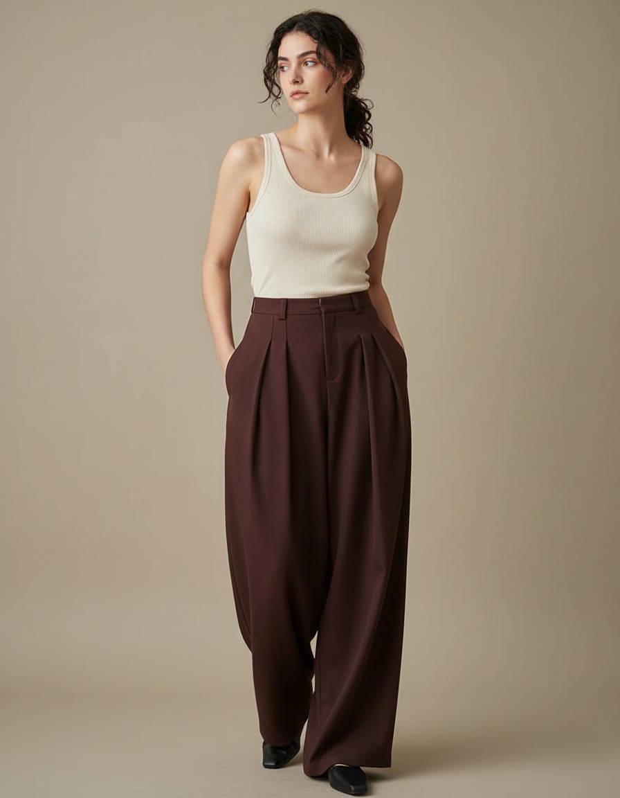 Pantalon Fluide Marron Plissé Ample Élégant Femme - Polyester