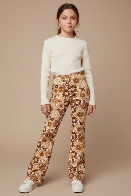 Pantalon Fluide Évasé Marron Beige Floral Rétro Confortable - Multicolore Maille