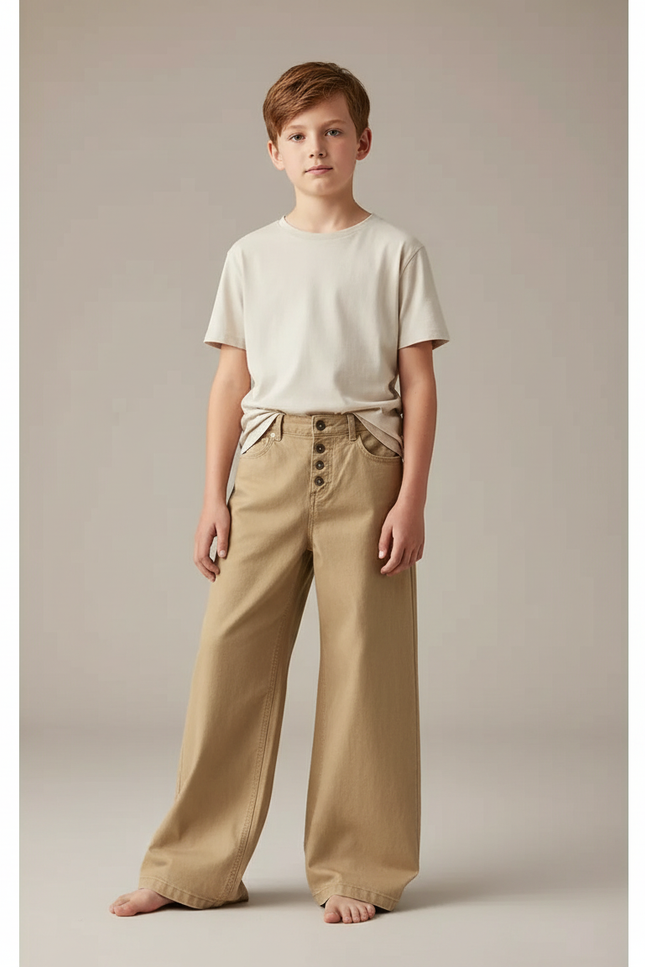 Pantalon Fluide Beige Large Boutons Décontracté Garçon Coton - Gabardine