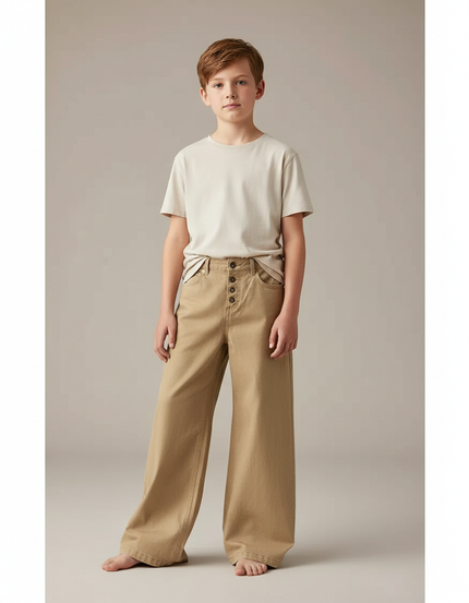 Pantalon Fluide Beige Large Boutons Décontracté Garçon Coton - Gabardine