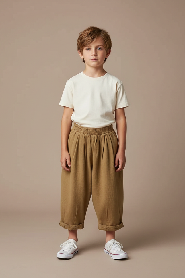 Pantalon Fluide Kaki Ample Coton Enfant Rétro