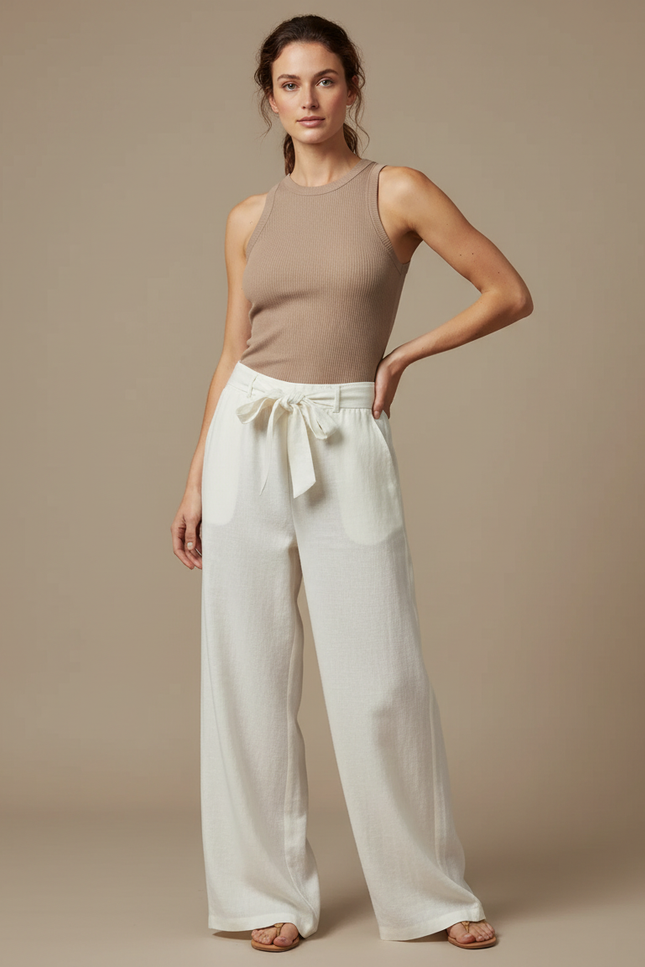 Pantalon Fluide Écru Ample Lin Ceinture Nouée - Blanc