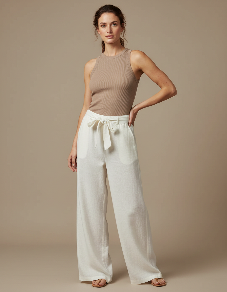 Pantalon Fluide Écru Ample Lin Ceinture Nouée - Blanc