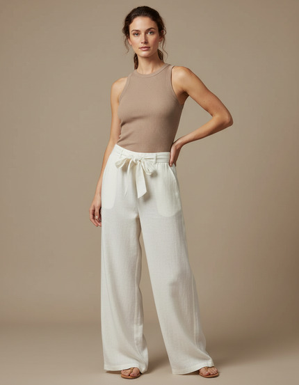 Pantalon Fluide Écru Ample Lin Ceinture Nouée - Blanc