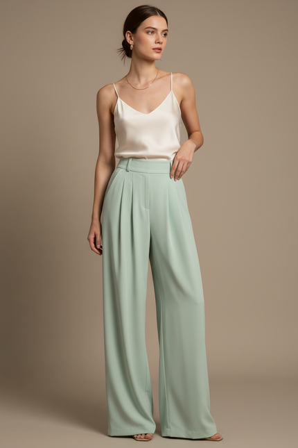 Pantalon Fluide Vert Menthe Ample Plissé Élégant - Polyester