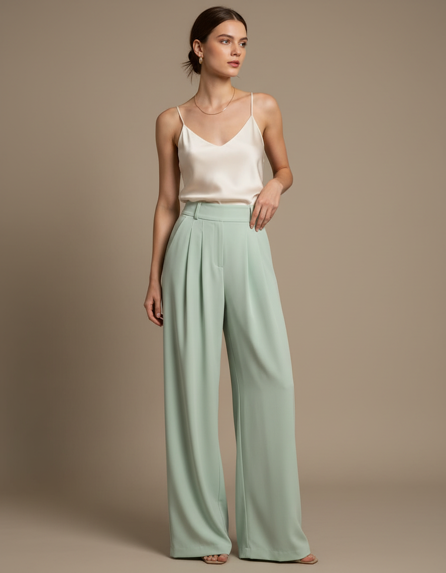 Pantalon Fluide Vert Menthe Ample Plissé Élégant - Polyester