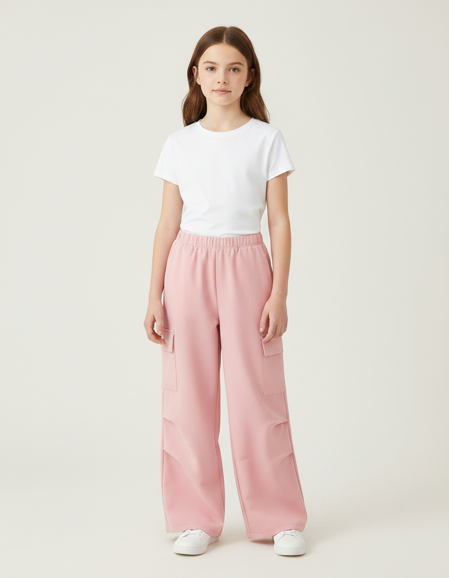 Pantalon Fluide Rose Ample Cargo Poches Latérales - Molleton