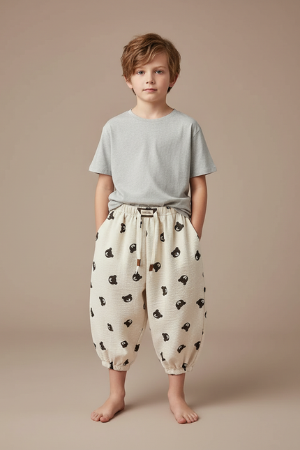 Pantalon Fluide Beige Ample Coton Motif Ours Enfant