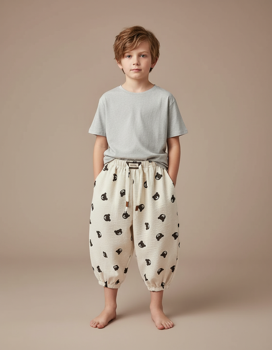 Pantalon Fluide Beige Ample Coton Motif Ours Enfant
