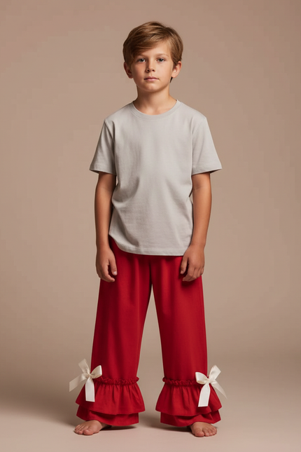 Pantalon Fluide Rouge Ample Volants Nœuds Enfant - Viscose