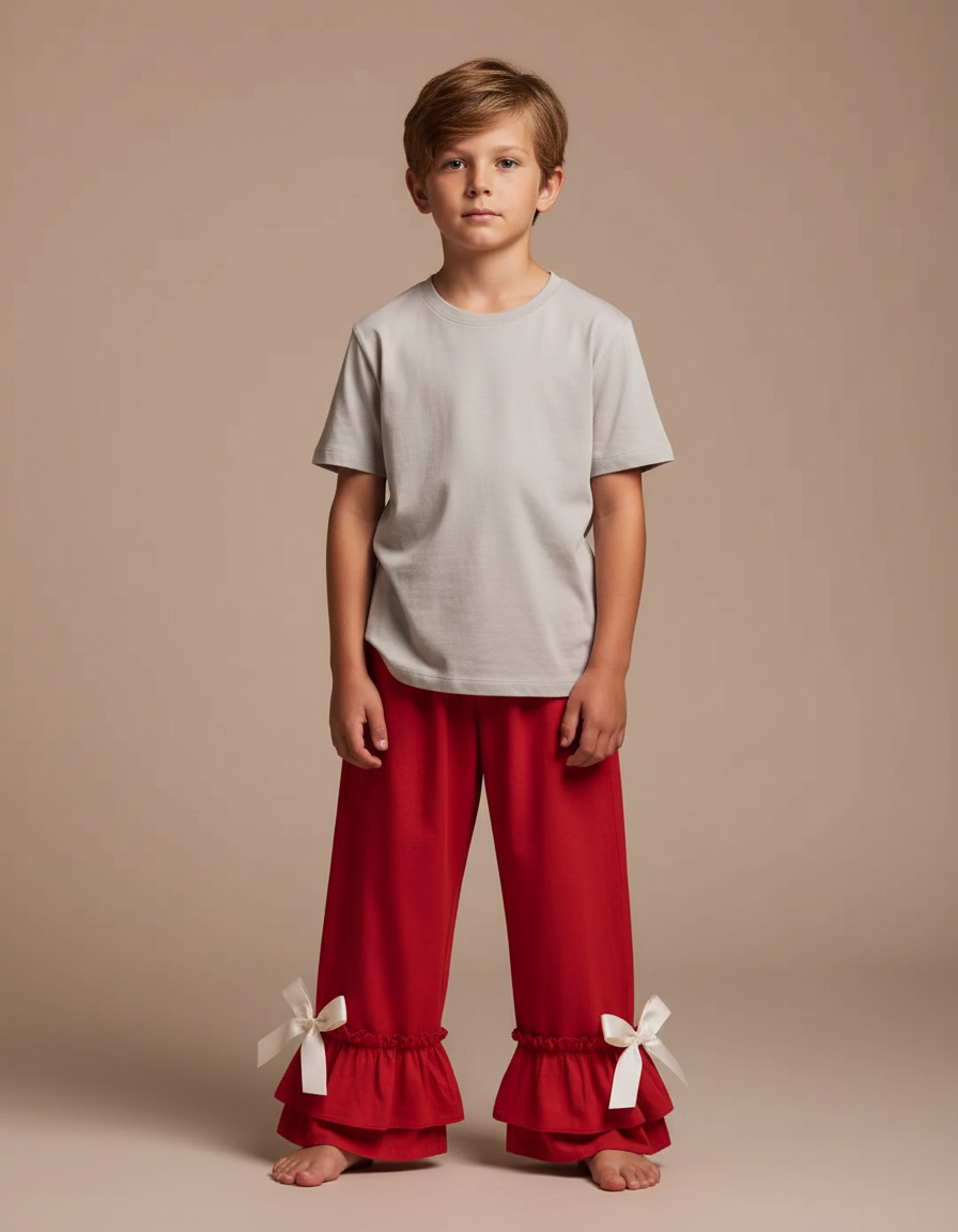 Pantalon Fluide Rouge Ample Volants Nœuds Enfant - Viscose