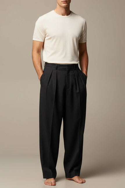 Pantalon Fluide Homme Noir Plissé Ample Décontracté - Gabardine