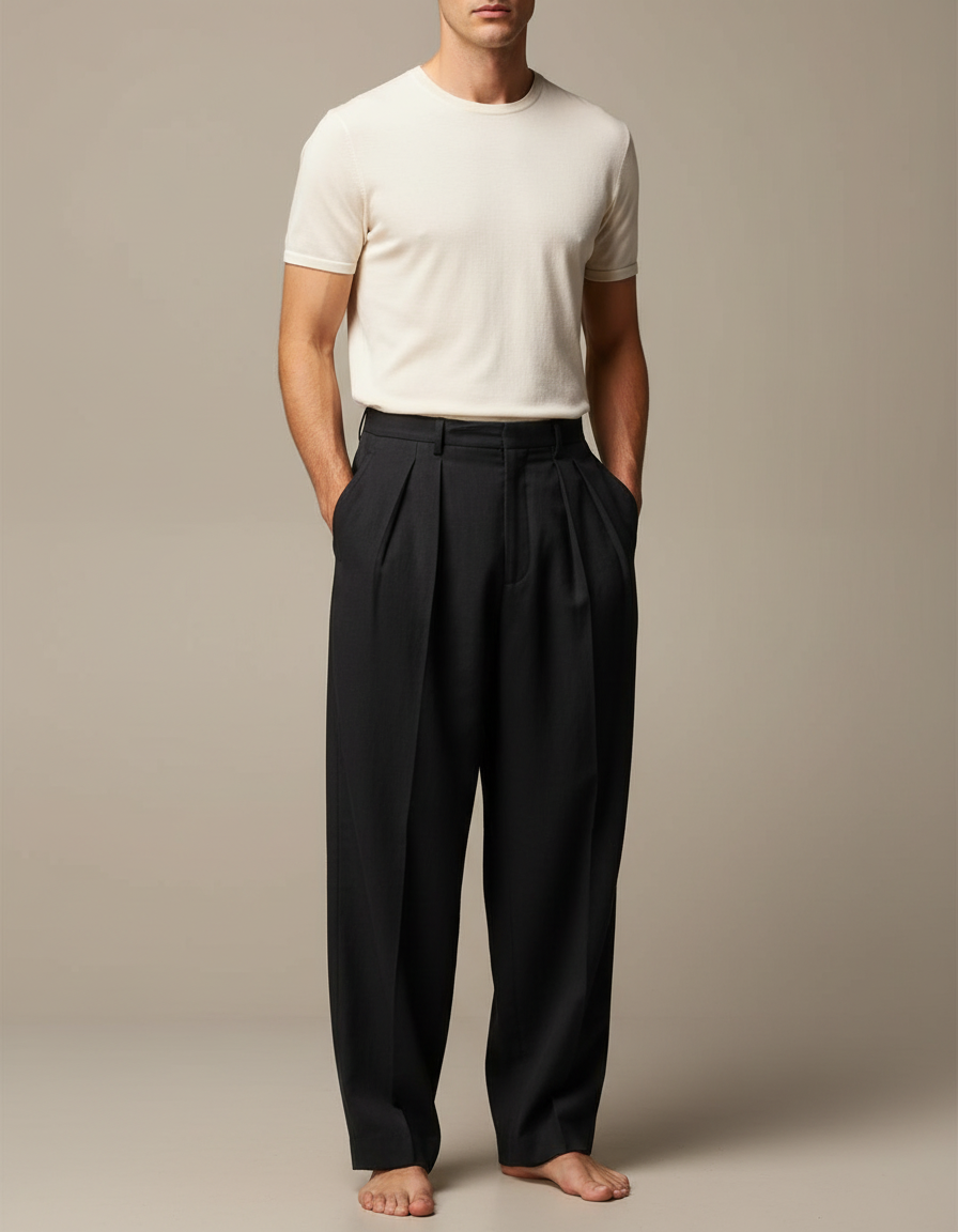 Pantalon Fluide Homme Noir Plissé Ample Décontracté - Gabardine