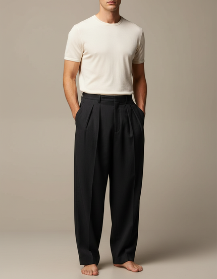 Pantalon Fluide Homme Noir Plissé Ample Décontracté - Gabardine