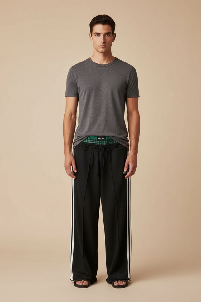 Pantalon Fluide Noir Ample Rayé Décontracté Homme - Polyester