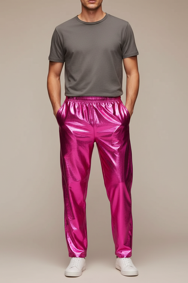Pantalon Fluide Rose Métallisé Brillant Décontracté Homme - Polyester