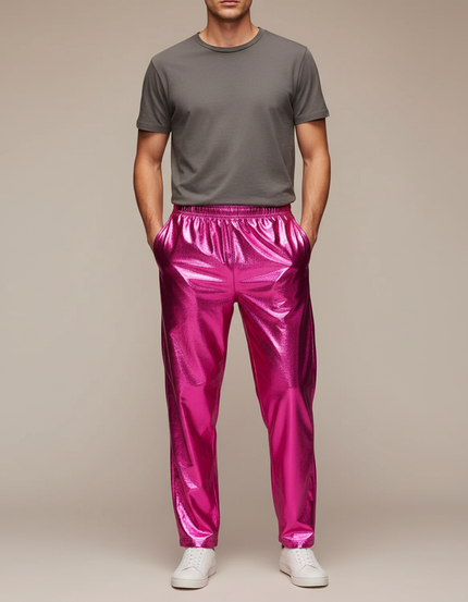 Pantalon Fluide Rose Métallisé Brillant Décontracté Homme - Polyester