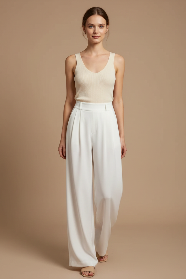 Pantalon Fluide Blanc Ample Taille Haute Élégant - Polyester