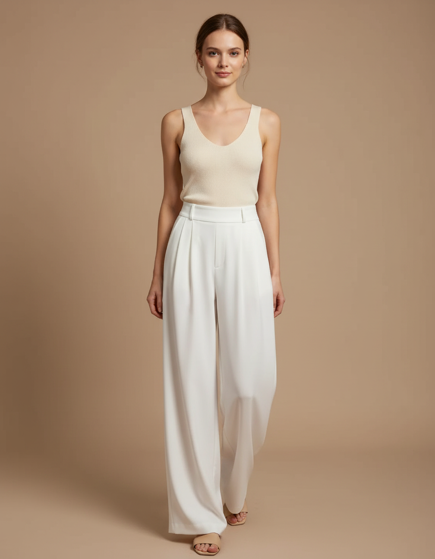 Pantalon Fluide Blanc Ample Taille Haute Élégant - Polyester