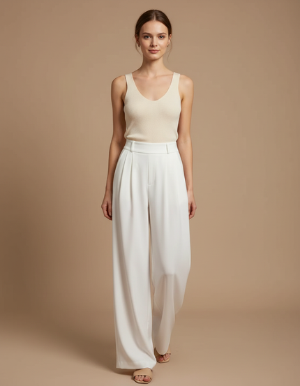 Pantalon Fluide Blanc Ample Taille Haute Élégant - Polyester