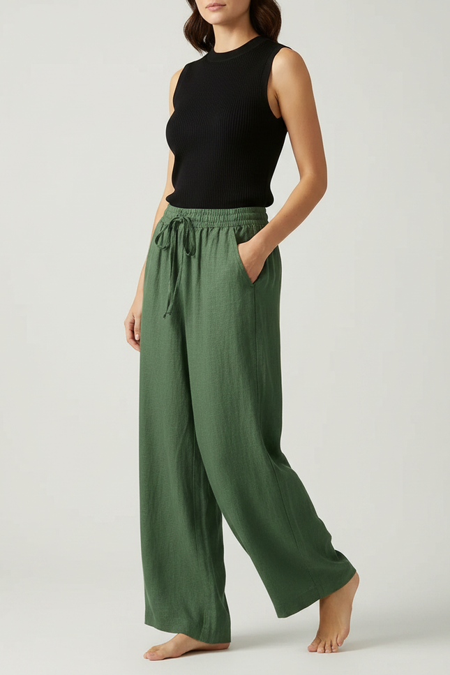 Pantalon Fluide Vert Ample Lin Taille Haute Décontracté