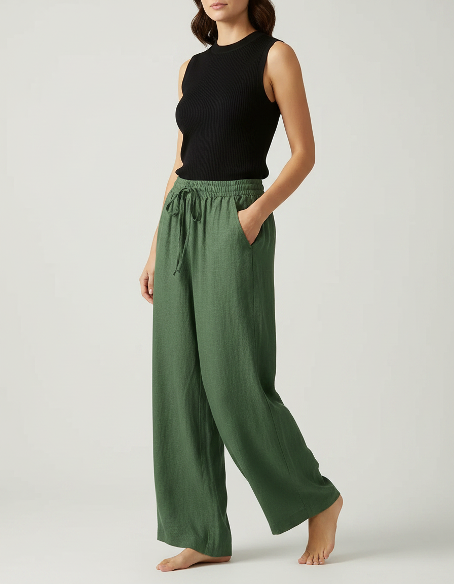 Pantalon Fluide Vert Ample Lin Taille Haute Décontracté