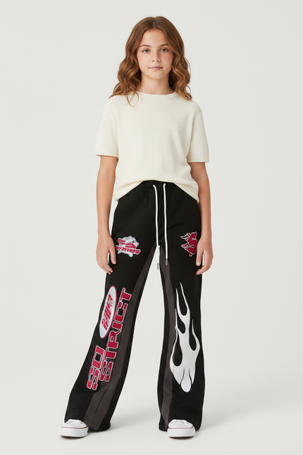 Pantalon Fluide Noir Ample Imprimé Flammes Sportif Décontracté - Molleton