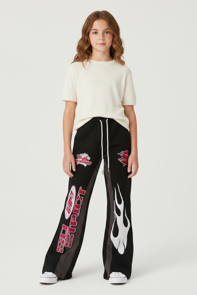 Pantalon Fluide Noir Ample Imprimé Flammes Sportif Décontracté - Molleton