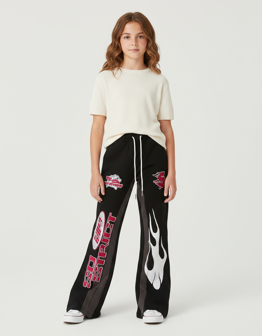 Pantalon Fluide Noir Ample Imprimé Flammes Sportif Décontracté - Molleton