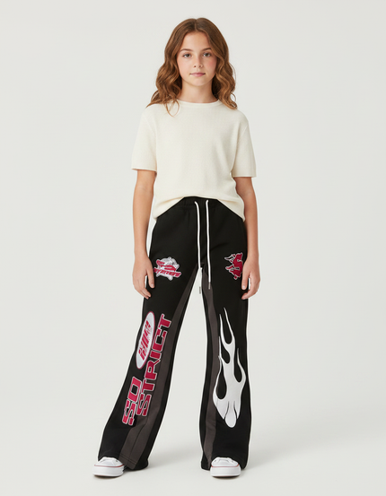 Pantalon Fluide Noir Ample Imprimé Flammes Sportif Décontracté - Molleton