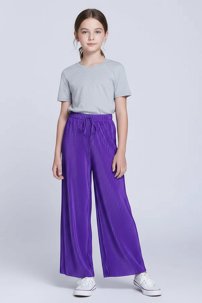Pantalon Fluide Plissé Violet Ample Décontracté Enfant - Polyester