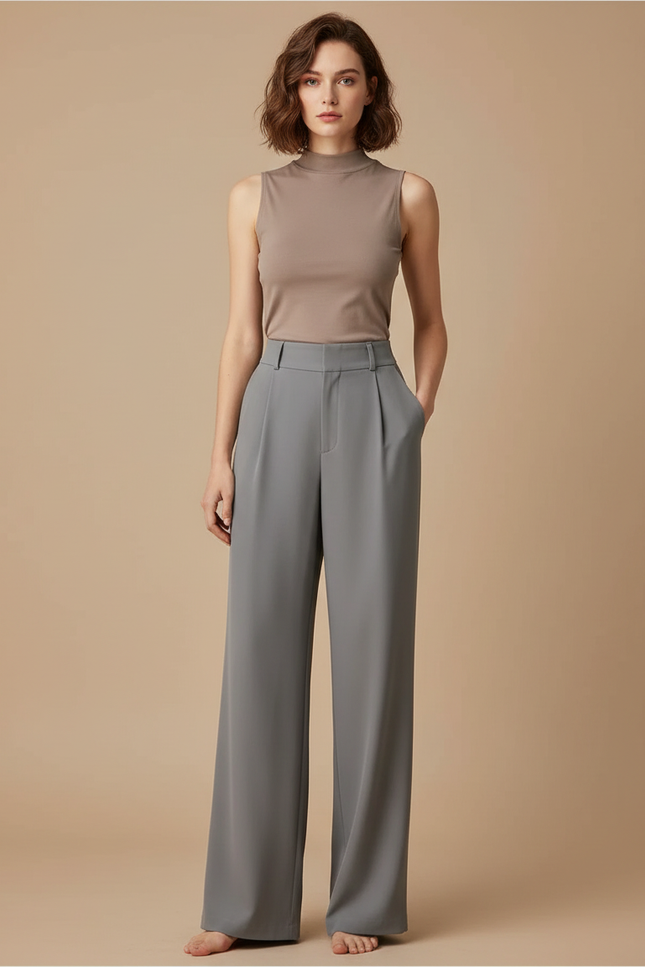 Pantalon Fluide Femme Gris Palazzo Polyester