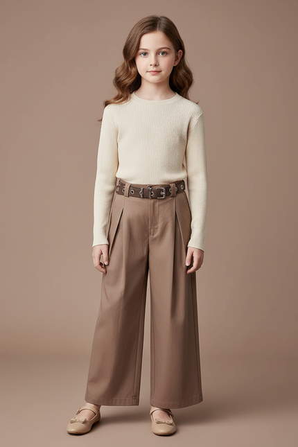Pantalon Fluide Marron Plissé Ample Décontracté Enfant - Gabardine