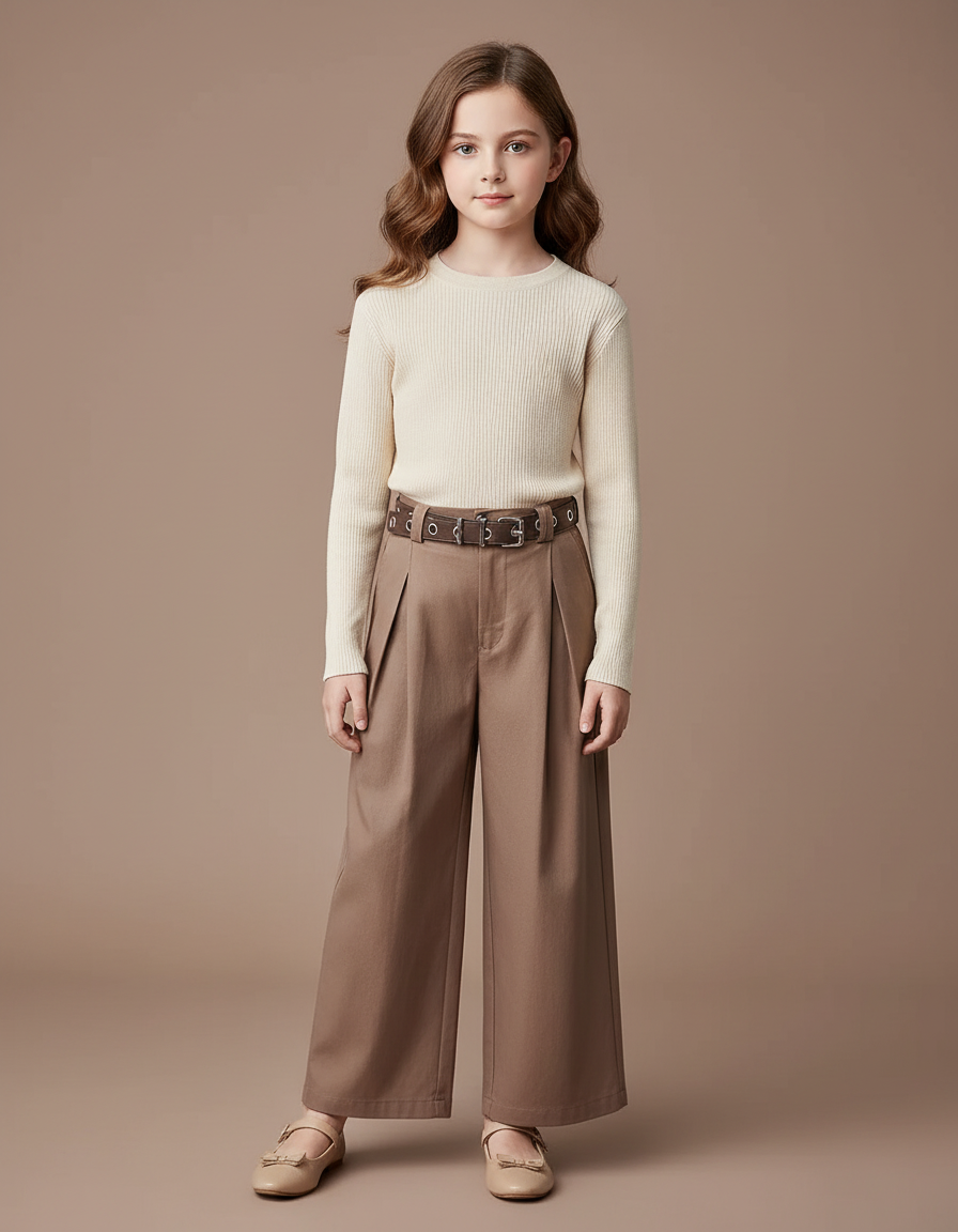 Pantalon Fluide Marron Plissé Ample Décontracté Enfant - Gabardine