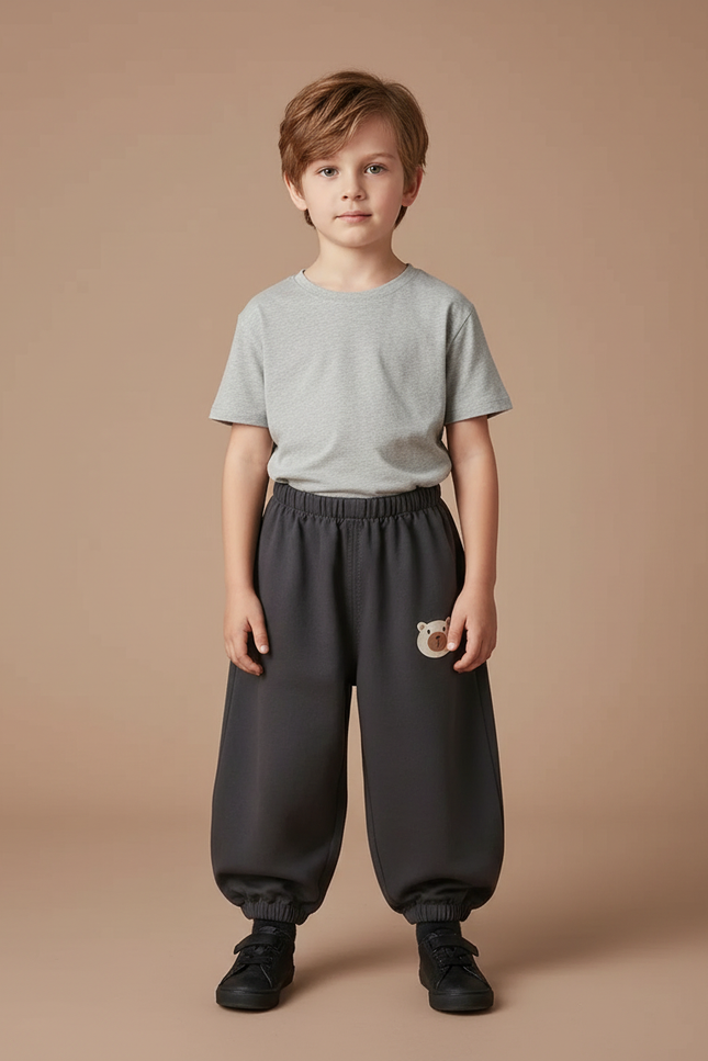 Pantalon Fluide Gris Foncé Ample Ours Décontracté Garçon - Molleton