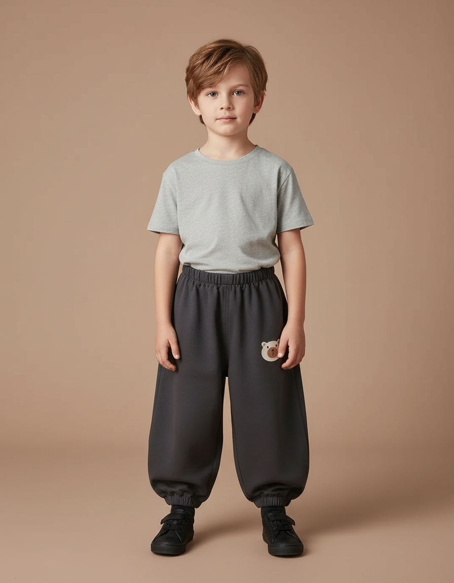Pantalon Fluide Gris Foncé Ample Ours Décontracté Garçon - Molleton