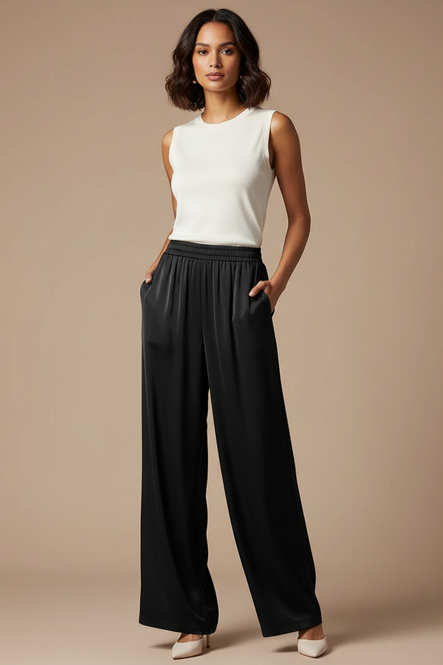 Pantalon Fluide Noir Ample Satiné Élégant Femme
