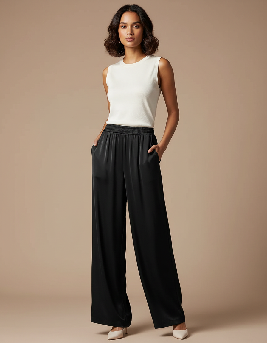 Pantalon Fluide Noir Ample Satiné Élégant Femme