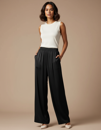Pantalon Fluide Noir Ample Satiné Élégant Femme