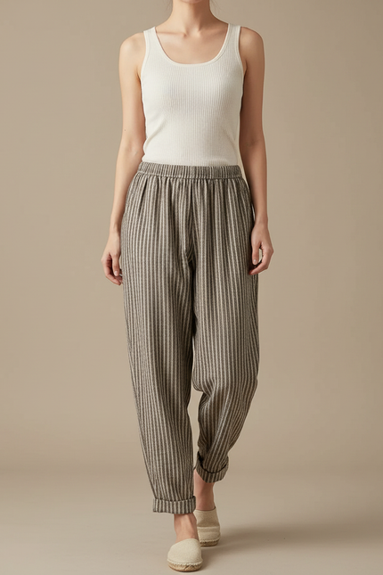 Pantalon Fluide Rayé Ample Lin Décontracté - Imprimé