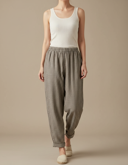 Pantalon Fluide Rayé Ample Lin Décontracté - Imprimé
