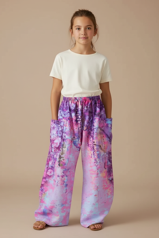 Pantalon Fluide Imprimé Fleuri Ample Fille Violet Rose - Viscose