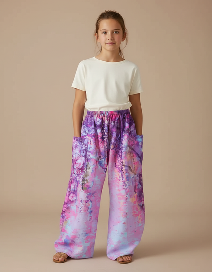 Pantalon Fluide Imprimé Fleuri Ample Fille Violet Rose - Viscose