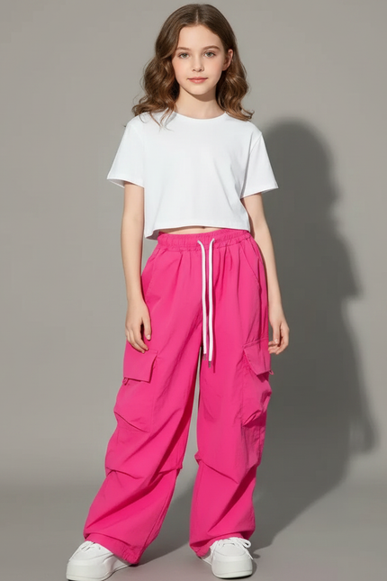 Pantalon Fluide Rose Cargo Ample Streetwear Fille - Polyester