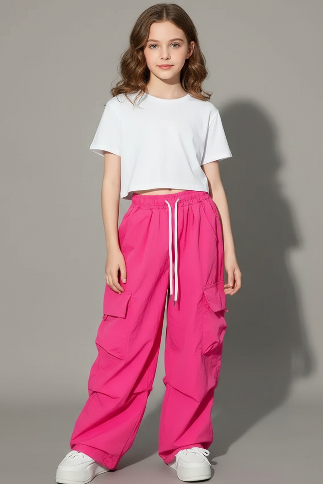 Pantalon Fluide Rose Cargo Ample Streetwear Fille - Polyester