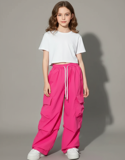 Pantalon Fluide Rose Cargo Ample Streetwear Fille - Polyester